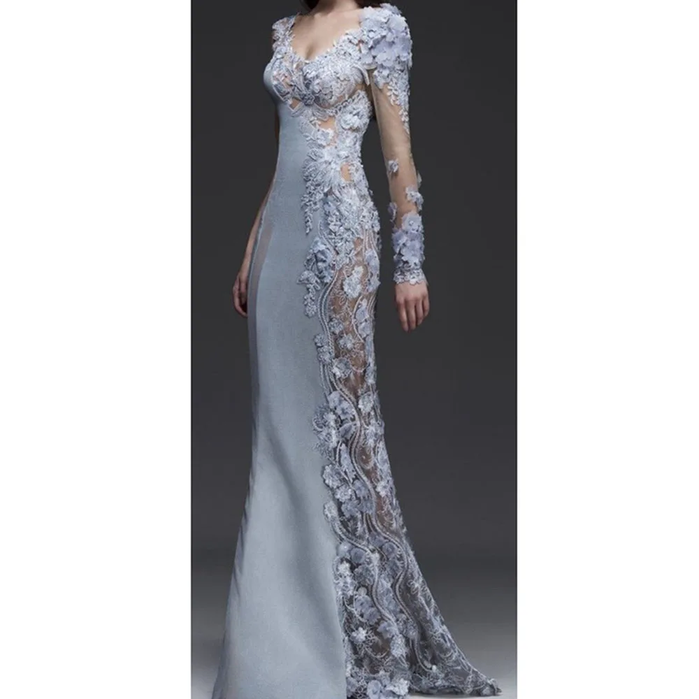 Fashion Gray Women Prom Dresses Square Collar Floor Length Mermaid Flowers Lace Full Length Illusion Evening Party Banquet Gowns