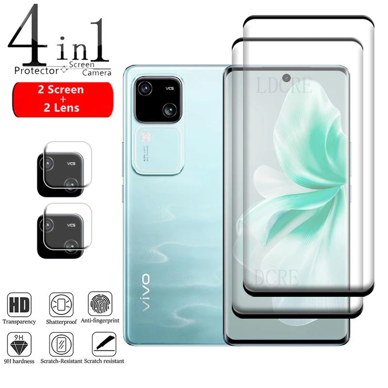 4-in-1 For Vivo V30 Glass For Vivo V30 Tempered Glass Phone Film Full Cover HD 9H Curved Screen Protector Vivo V30 Lens Glass