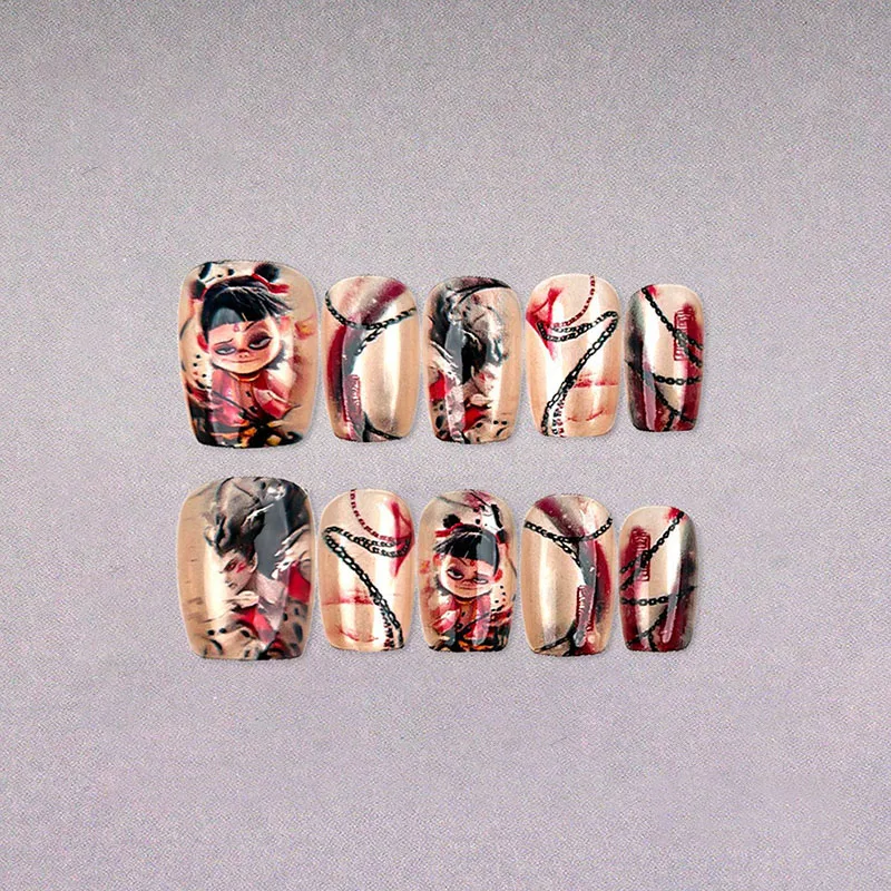 Trendy Anime Art Press-On Nails | Mythical Hero Inspired Hand-Painted Designs | 3D Long-Lasting Nail Stickers for Women 10ps Set
