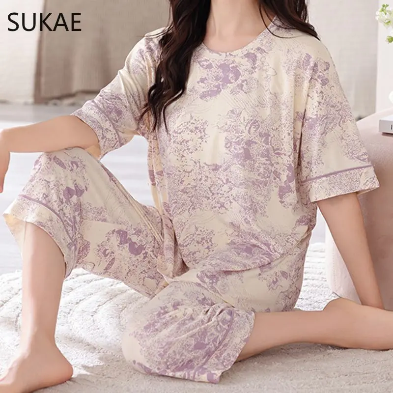 SUKAE Soft Cool Modal M-5XL Plus Size Pijamas for Woman Leisure Lingerie Women Summer Calf-length Sleepwear Casual Pajamas Set