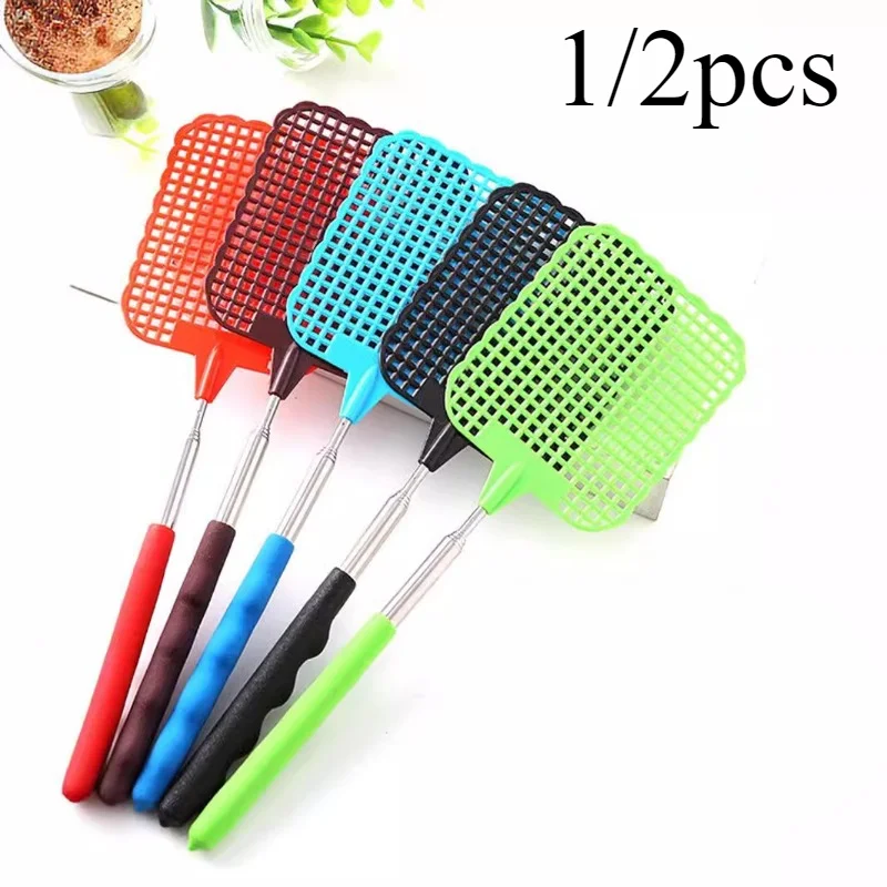 1/2pcsMini Retractable Plastic Fly Swatter; Stainless Steel Non-slip Handle; Summer Mosquito Swatter; Fly Killer For Home Garden