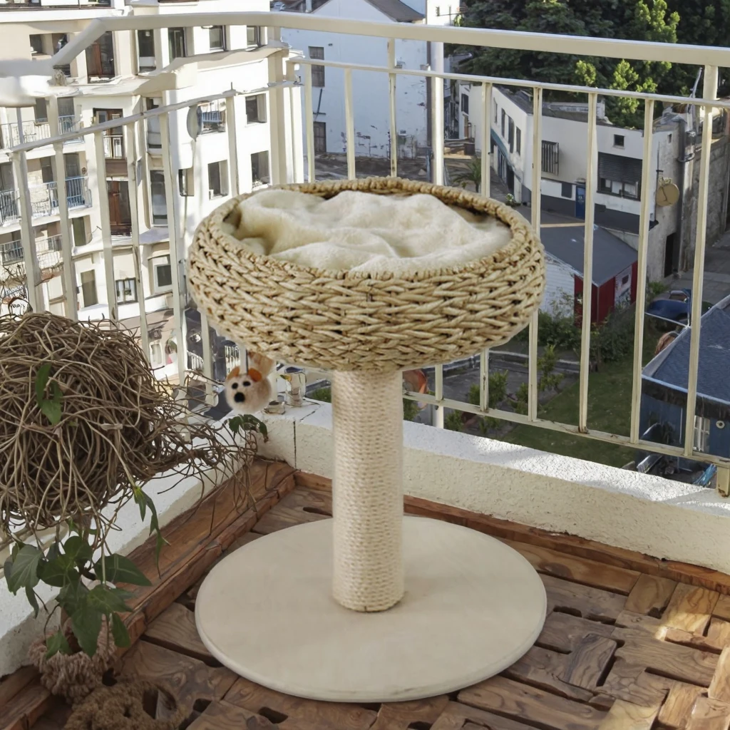 PetJoyZone  Handwoven Window Perch Large Cat Tree Tower With Rattan Wicker Nest Basket Bed