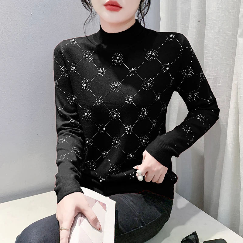 

Elegant Knit Sweater Women Semi High Neck Slim Fit Rhinestone Design Blouse
