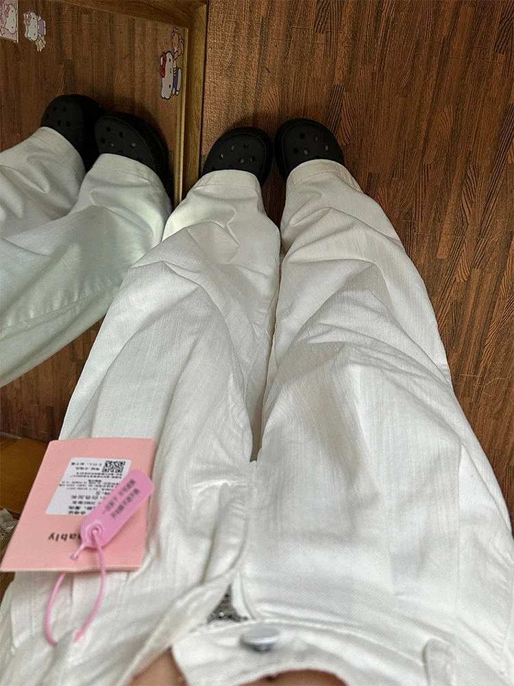 Pantalones vaqueros blancos drapeados de cintura alta con pierna recta y cuchillo sueltos para mujer Otoño Invierno nuevos pantalones de pierna ancha hasta el suelo Sle