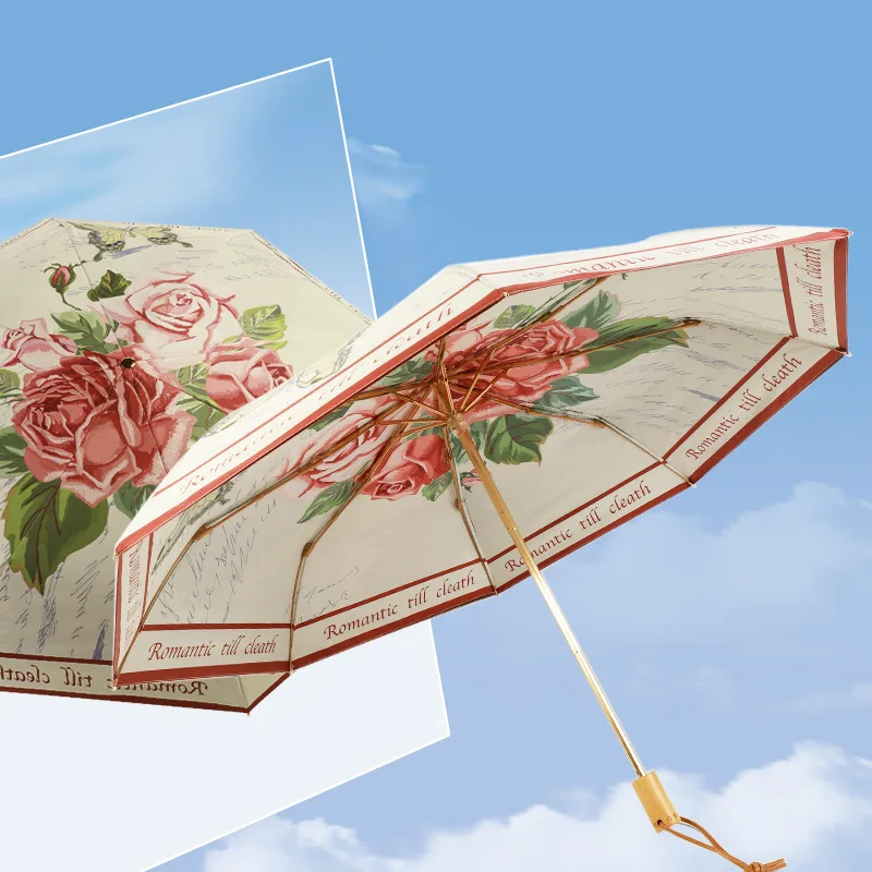 Retro Illustration Rose Black Glue Double Layer Sun Umbrella Sun Protection UV Protection Sun Umbrella Clear Umbrella