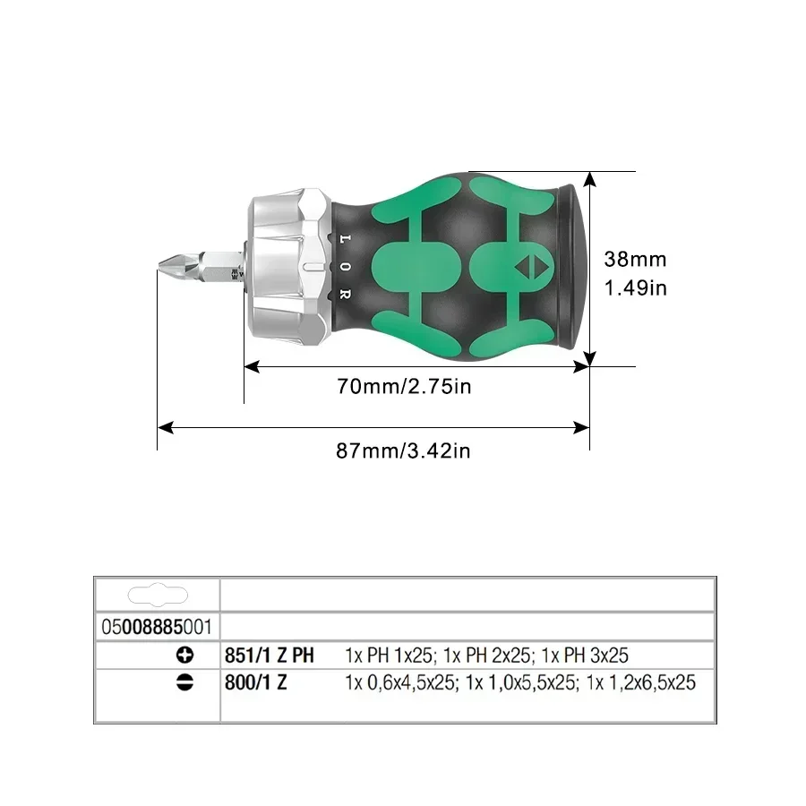 Original WERA NO. 05008883001   KK RA 70 mm integrierter tragbarer Mini-Ratschenschraubendreher mit kurzem Griff und 1/4 Zoll Bit-Handwerkzeugen