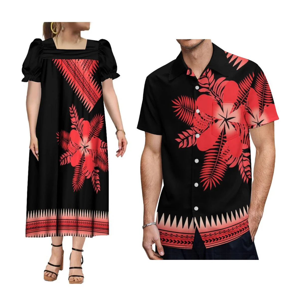 

Hawaiian Men'S Casual Shirt With Mumu Women'S Puffy Dress Elegant Plus Size Couple Suit Micronesian Clothing