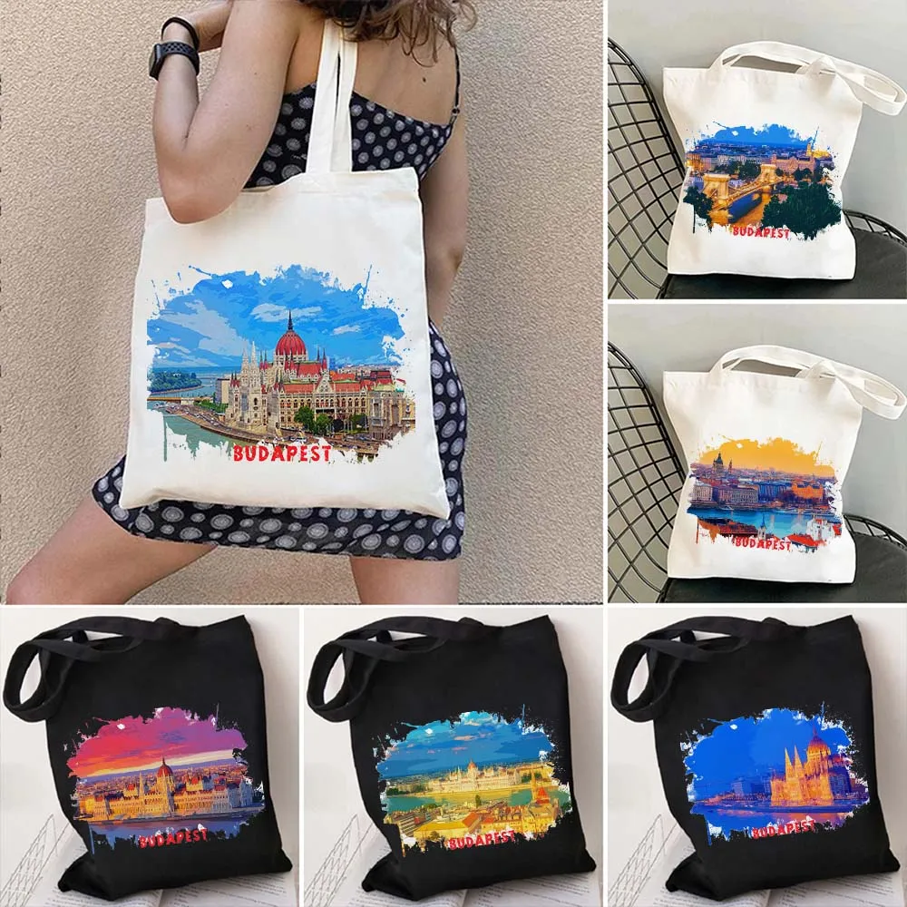 

Budapest Hungary Scenery Landscape Watercolor Ink Painting Shoulder Canvas Tote Bag Harajuku Shopping Bag Summer Shopper Handbag