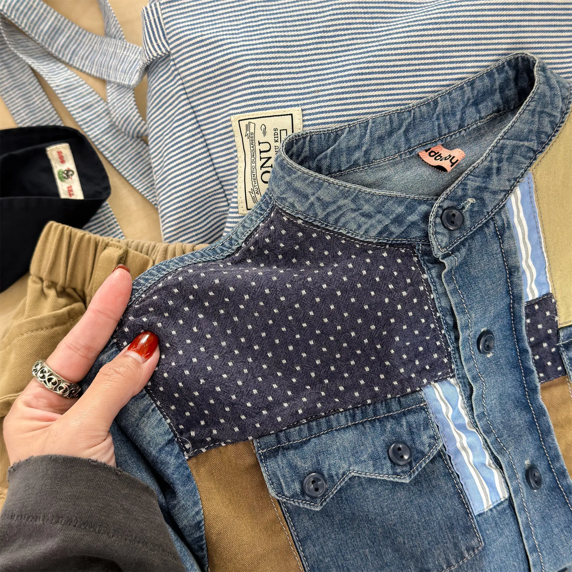 2026 New Spring Baby Boys Denim Patchwork Shirts Loose Casual Korean StyleToddlers Kids Long Sleeve Tops  1-8Years
