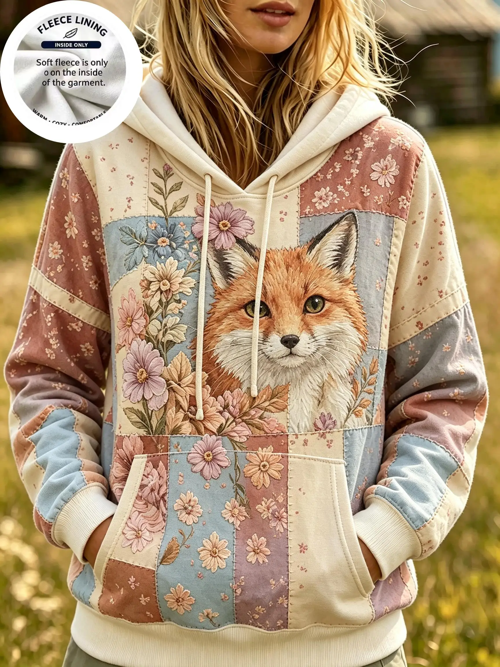 Vintage Country Floral Patchwork Fleece Hoodie for Women, Forest Animal Portrait Hooded Sweatshirt
