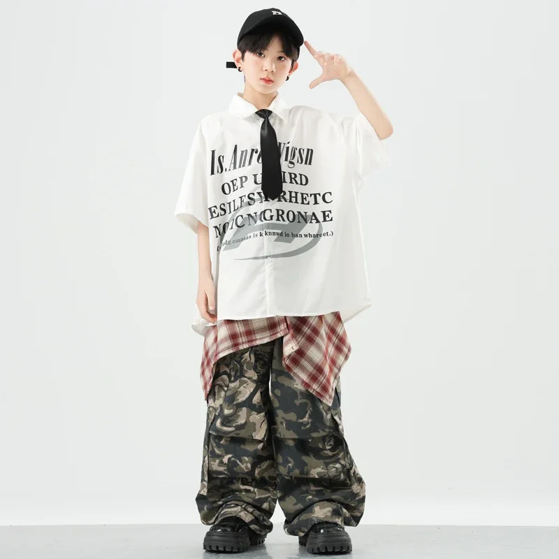 Ragazzi K-pop Street Dance Polo Tshirt Pu Vest Pantaloni cargo Ragazze Hip Hop Camo Jogging Set di vestiti per bambini Bambini Jazz Streetwear