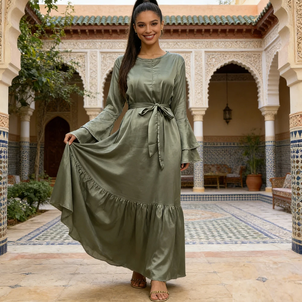 

Ramadan Abayas for Women Muslim Satin Dress Turkey Kaftan Islamic Dresses Belt Modest Robe Dubai Jalabiya Caftan Marocain Femme