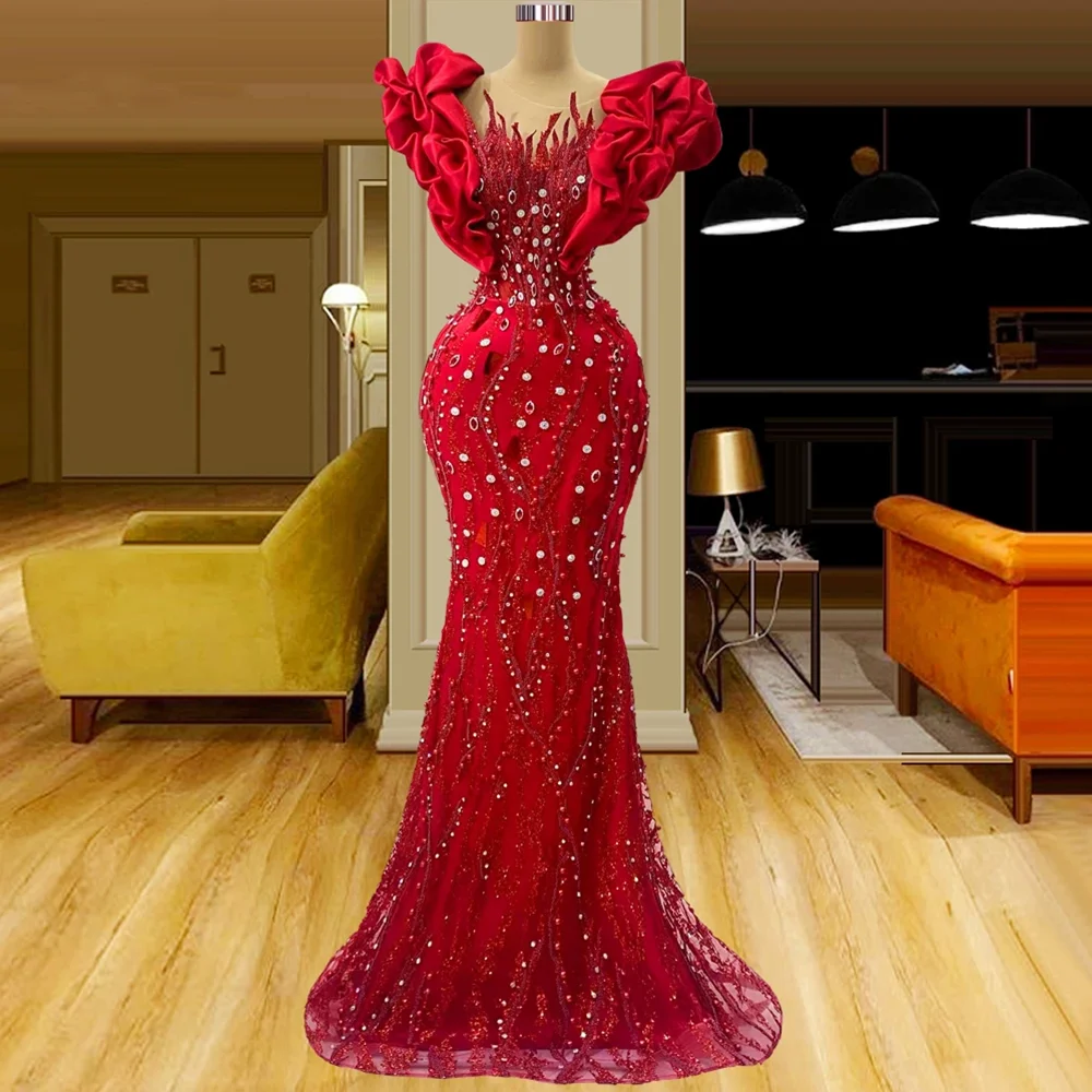 

Red Prom Dresses Exquisite Jewel Crystal Beading Formal Occasion Dress Ruffle Sleeves Mermaid Evening Party GownVestido De Novia