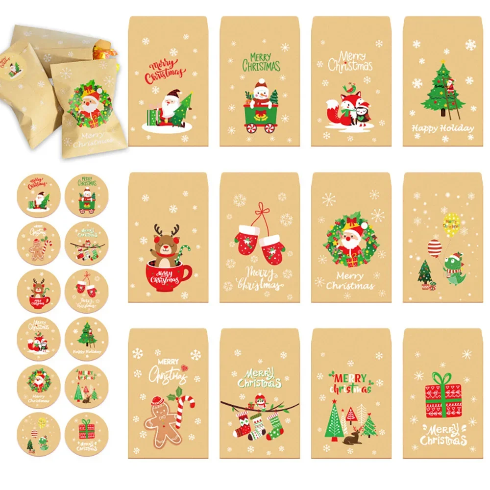 

48pcs Christmas Kraft Paper Bag Xmas Wrapping Gift Packaging Bag Santa Xmas Snowman Reindeer Envelope Bag New Year