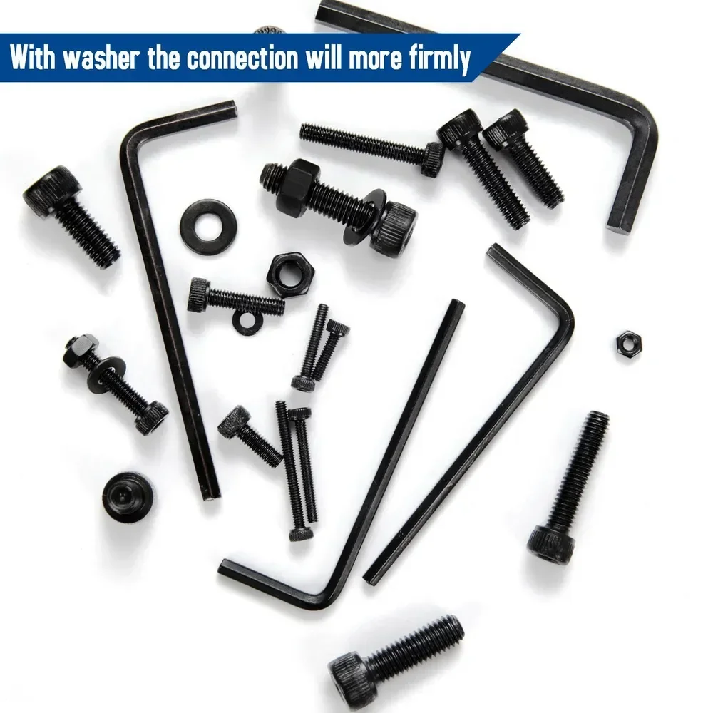 1060pcs Black Carbon Steel Screws Kit Cylindrical Head Hexagon Socket Bolts M2/M3/M4/M5 Bolts Nuts Flat Washers and Wrenches