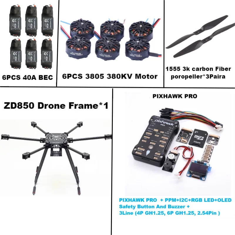 ZD850 PRO M8N Full Carbon Fiber 850mm Hexa-Rotor Frame BLHELI 40A ESC PIXHAWK  Flight Comtrol Rado Telemetry Set