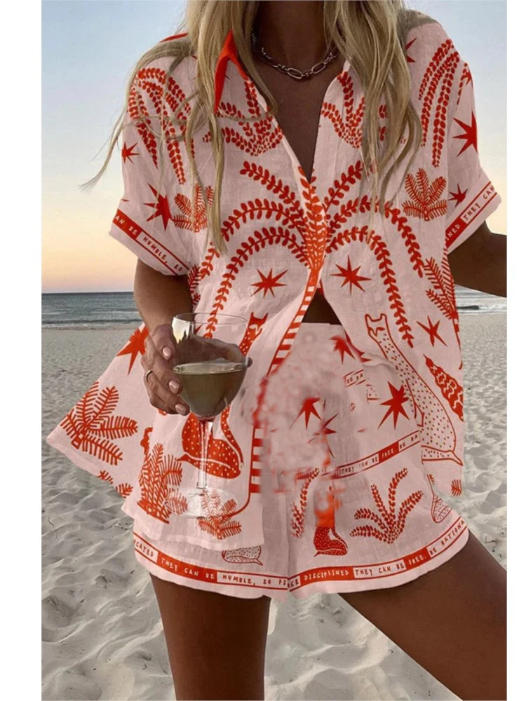 Fashion Casual Printed Two Piece Set Women Summer Comfort Holiday Color Colorful Button Short Sleeves Shirts And Shorts 2 Sets