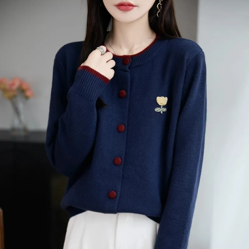 

Ele Contrast Color round Ne Thiened Knitted Open Cardigan Women's Loose Sweater Outerwear Heavy Embroidery Autumn Win...
