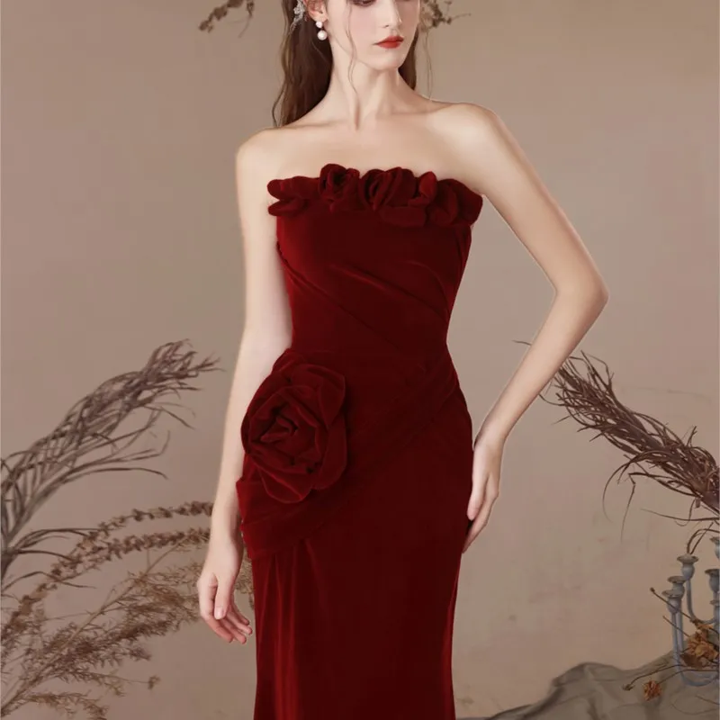 

Velvet fishtail toasting wear new style of breast temperament rose slimming dress