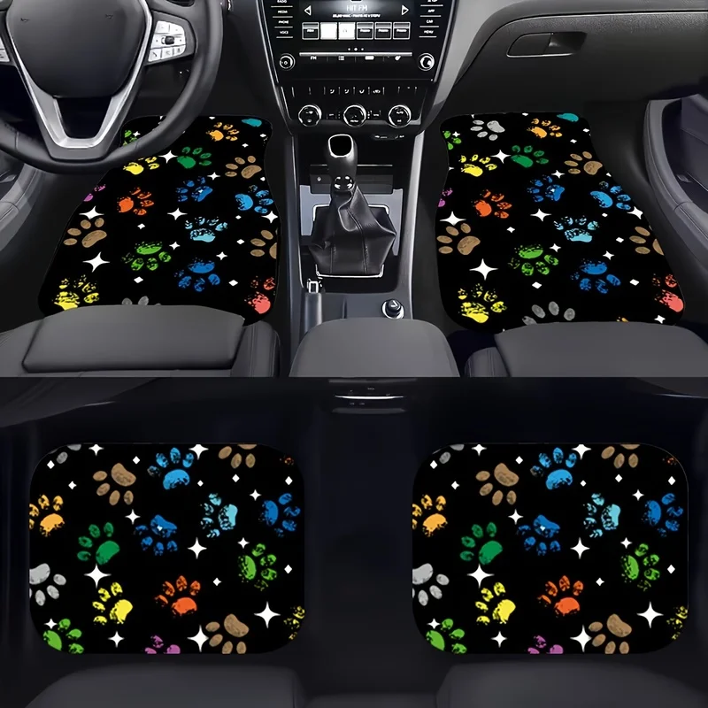 4Pcs Car Floor Mats, Colorful Animal Paw Print Pattern, Cute Design For Pet Lovers