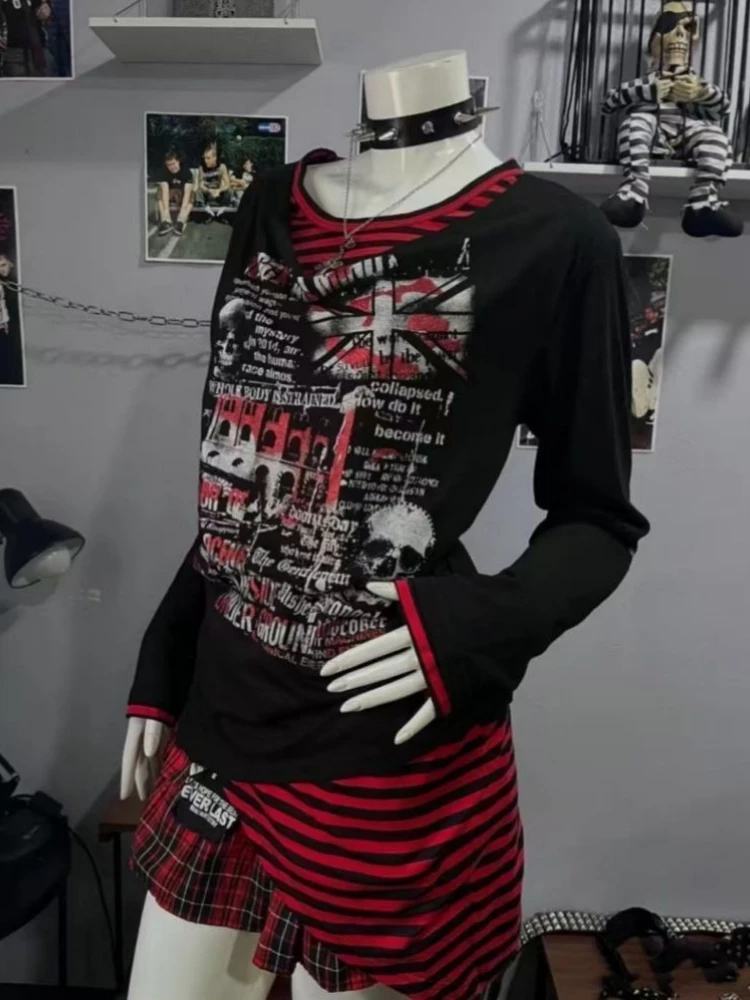 American Retro Gothic Print Fake Two Piece T-shirt Women Subculture Punk Slim Tees Autumn Y2k Vintage High Street Tops New