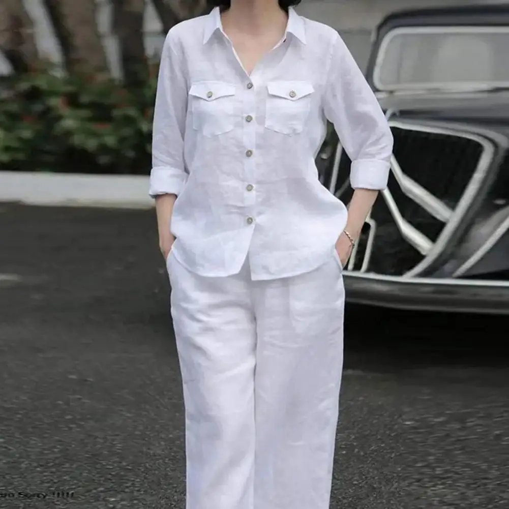 

Women Lightweight Suit Spring Summer Fall Suit Chic Lapel Shirt Trousers Set with Pockets Commute Outfit for Women Solid Color