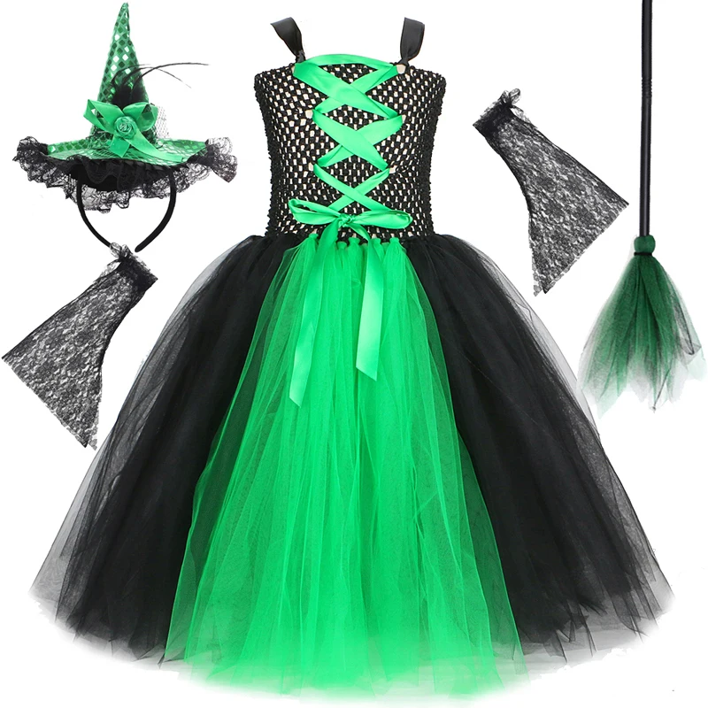 Halloween Witch Costumes for Girls Carnival Party Long Tutu Dress with Hat Magic Broom Lace Sleeves Kids Sorceress Fancy Outfits