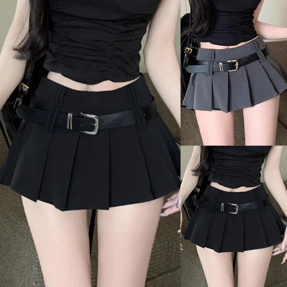 Women Sexy Summer Pleated Half Length Short Skirt With Shorts Korean High Waist Belt A-Line School Solid Female Ultra Short