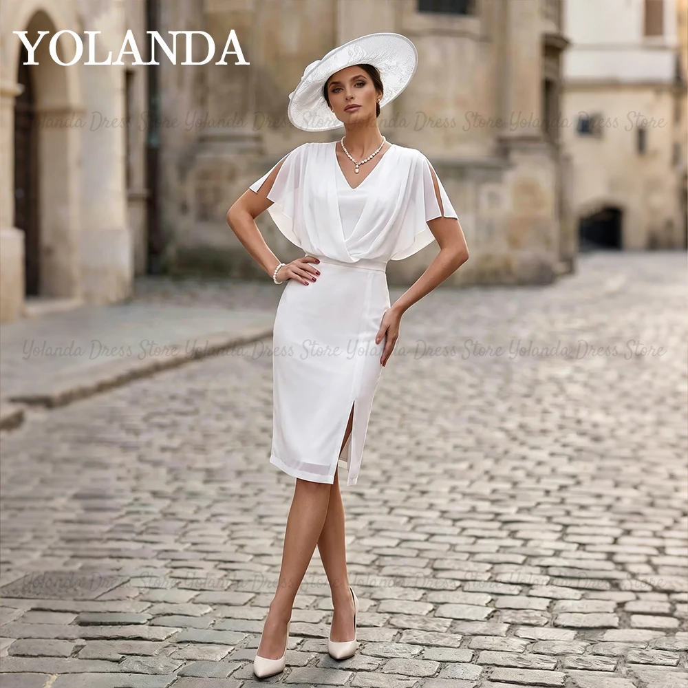 Yolanda Women's Wedding Attire Sheath V-Neck Cape Sleeves Chiffon vestido madrinha casamento Split Front Guest Dress Customized