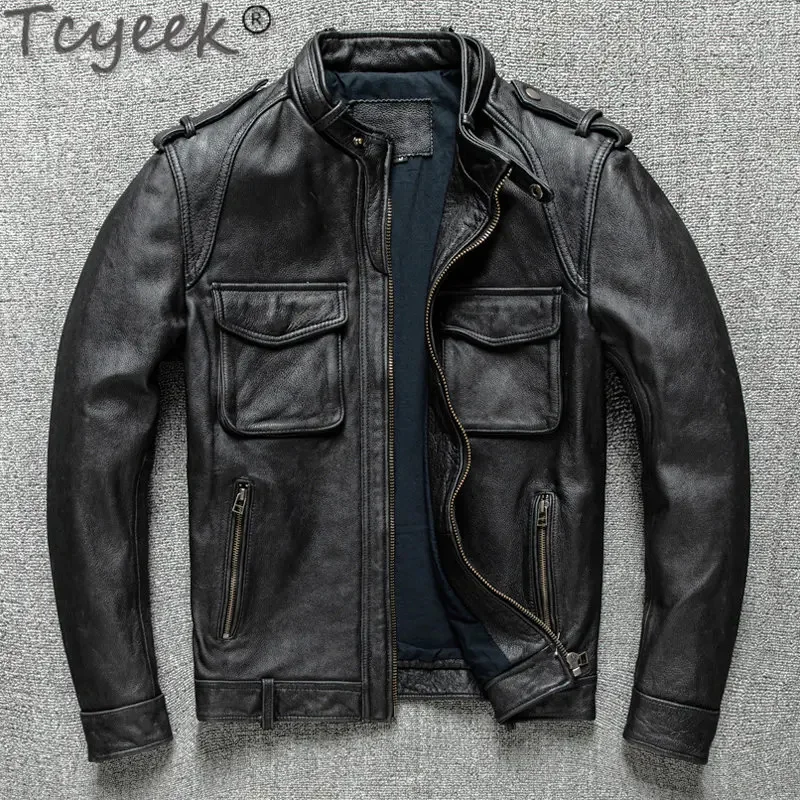 Tcyeek-Casaco de couro de vaca real masculino, jaquetas de motocicleta lavadas curtas vintage, novo para primavera, outono