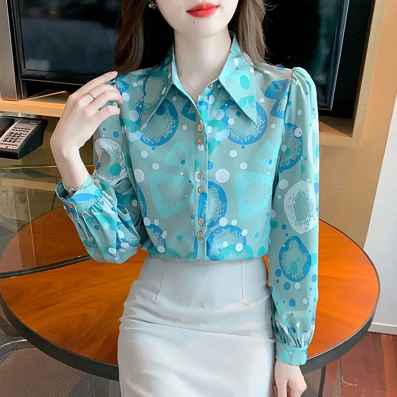 Elegant Lapel Printing Spliced Button All-match Shirts Women\'s Clothing 2023 Autumn Winter Loose Casual Tops Office Lady Blouses