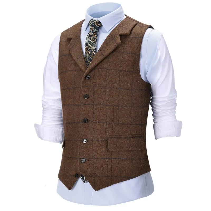 Herringbone Men Vest Green Vintage Plaid Vest Wool Tweed Suit Notch Lapel Waistcoat Groomsmen For Wedding Work Suit