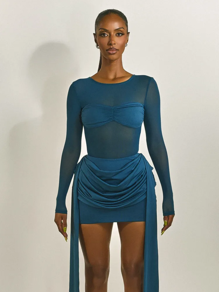 Articat elegante manga longa malha retalhos elástico bodycon mini vestido feminino sexy sheer magro festa clube vestido de noite winter2026