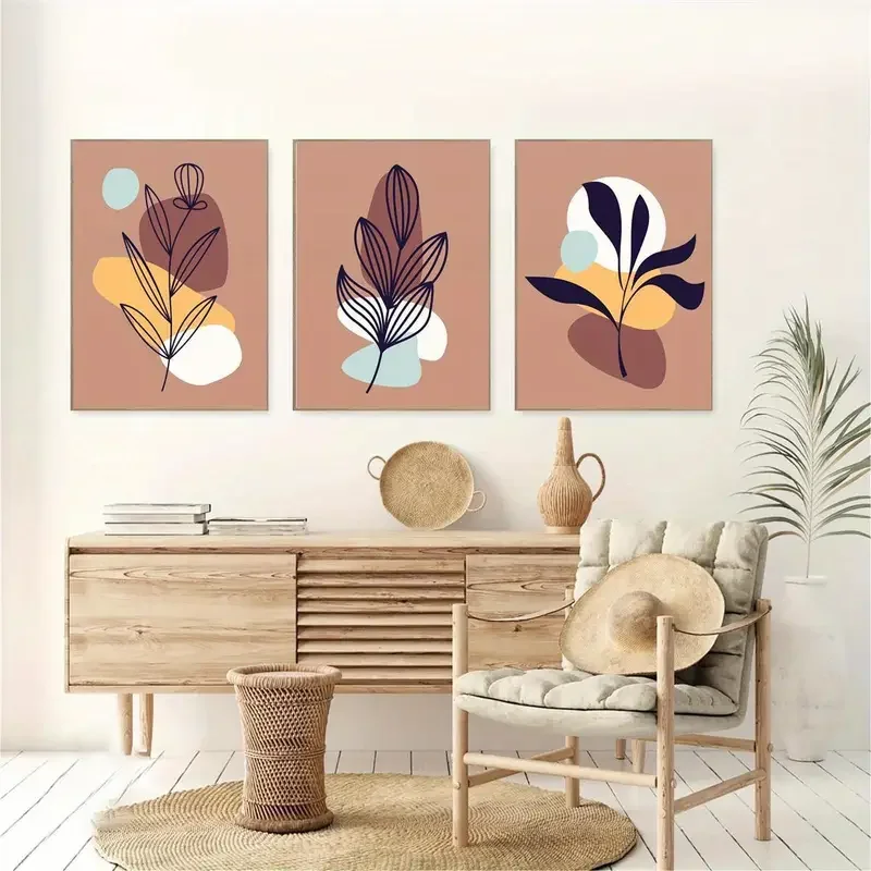 3pcs Modern Minimalist Botanical Abstract Geometric Canvas Wall Art Set - Waterproof No Framed Posters with Pine No Frame, 2D F