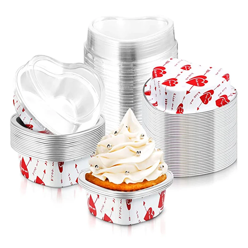 Sartén de papel de aluminio en forma de corazón para pasteles, taza para Magdalenas con tapas, sartenes para hornear Flan, 100ML, 10 unids/set