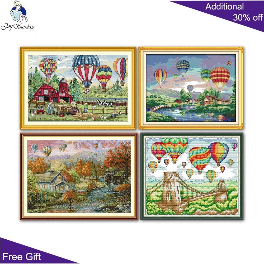 Joy Sunday Colorful Hot Air Balloons On The Bridge Autumn In The Valley Farms Cross Stitch Kit, F139, FA391, FA547, FA550