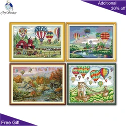 Joy Sunday Colorful Hot Air Balloons On The Bridge Autumn In The Valley Farms Cross Stitch Kit, F139, FA391, FA547, FA550