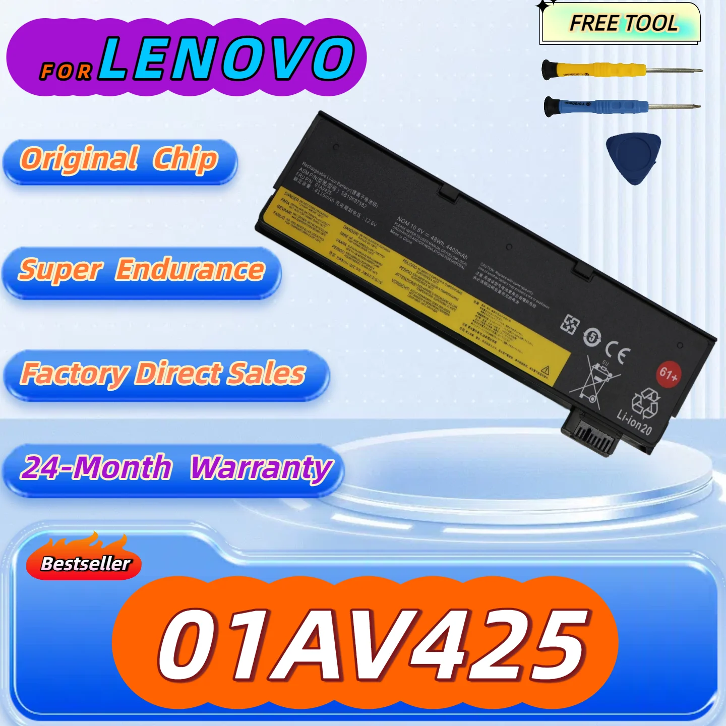 

Battery 61+ 01AV425 for Lenovo ThinkPad T580 T470 T480 A475 P51S P52S TP25 Series 01AV491 SB10K97582 Free Tool+24M Warranty