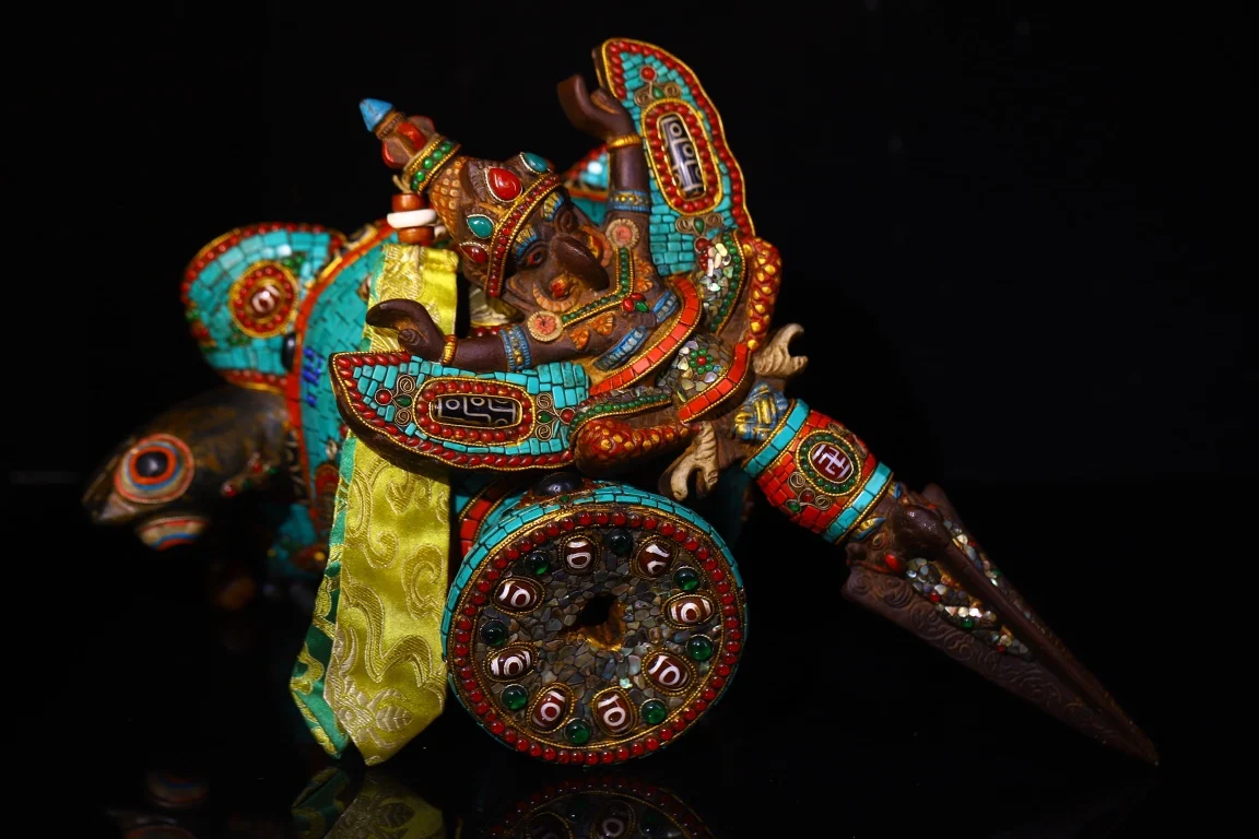 

21"Xizang Folk Collection Old Natural Meteorite Mosaic Gem gZi Beads Turquoise Garuda Dhwaja Vajra Turtle Statue Base Amulet