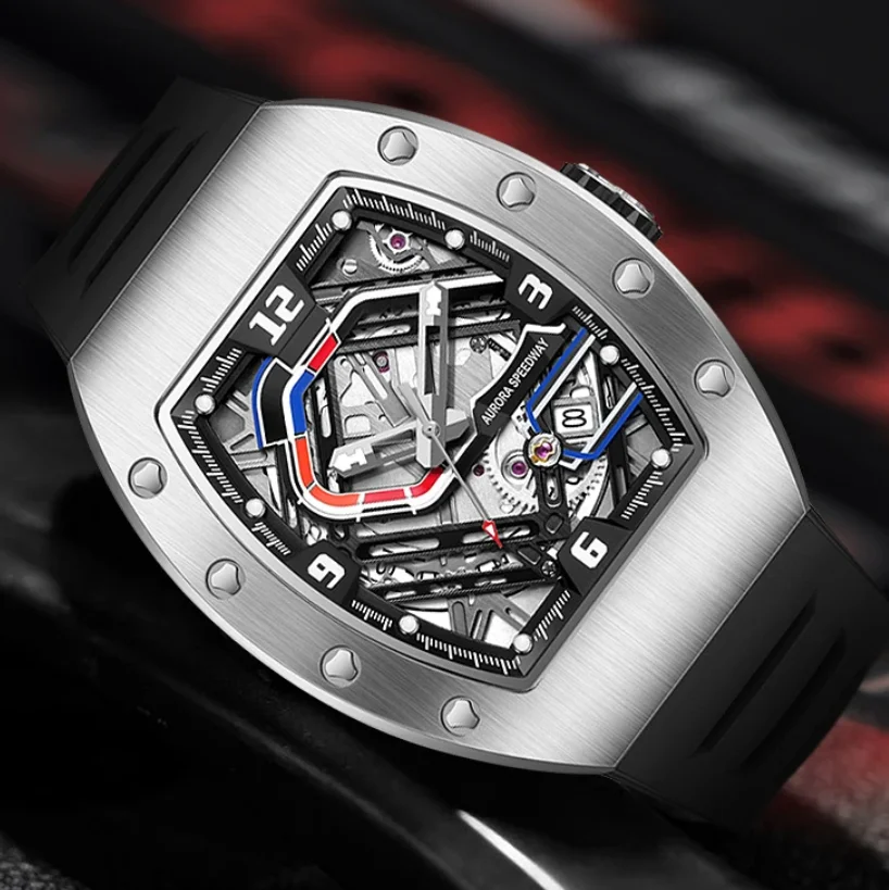 HANBORO Men Automatic Watch 42.5mm Tonneau Mechanical Wristwatch 50m Waterproof Luminous Racing Track Dial Miyota 9015