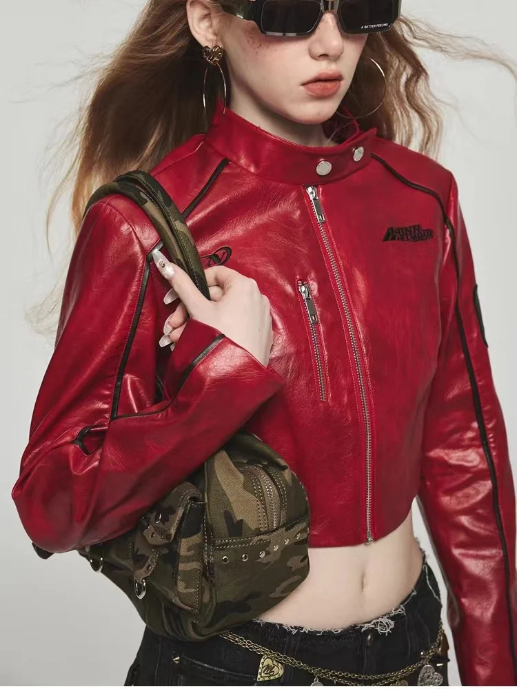 Faux Leather Jacket for Women Letter Print Red Short PU Leather Jackets Autumn Winter Female Casual Streetwear Coat Outerwears