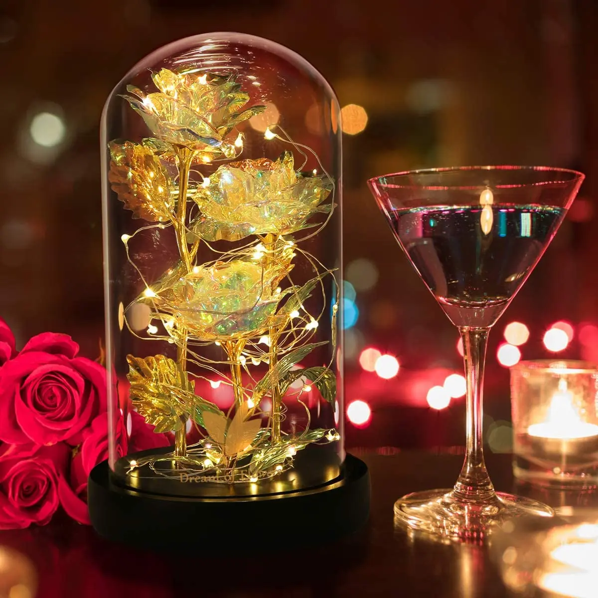 

3 Heads Gold Foil Flower Glass Cover Rose LED Light Valentine's Day Gift Decoration for Anniversary Valentines Girlfriend Wife