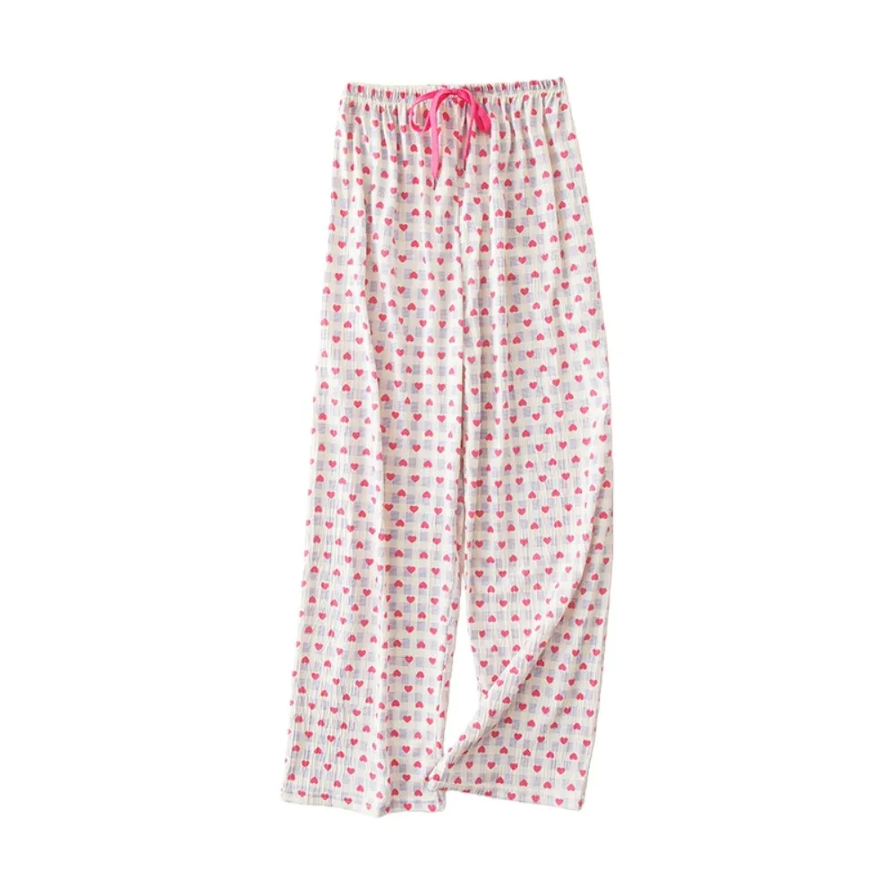 

Korean Style Plaid Heart Long Pants Comfortable Soft Loose Trousers Draped Design Elastic Fabric Drawstring Pants Vacation Wear