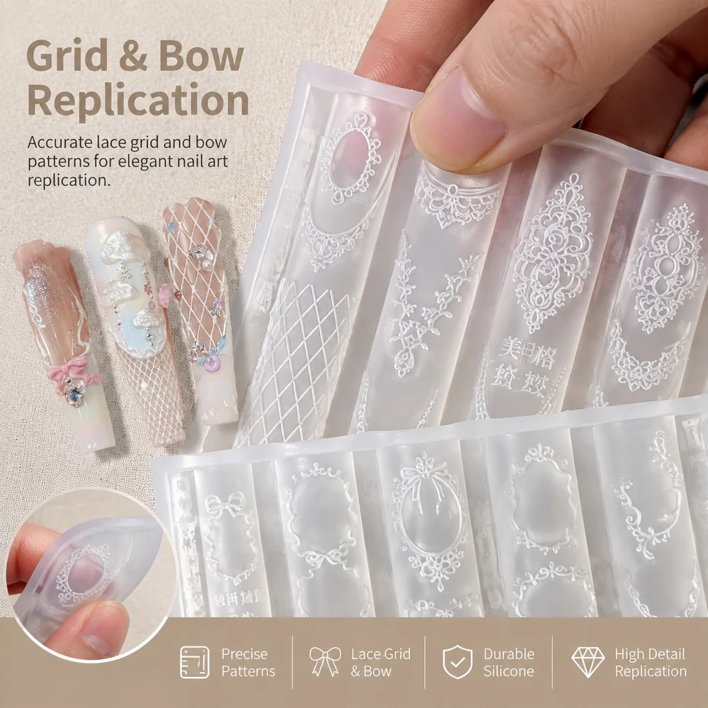1Pc Delicate 3D Lace Nail Mold Hook‑Needle Embossed Retro Bow Heart Frame Silicone Mould For Handmade Nail Gel Charms