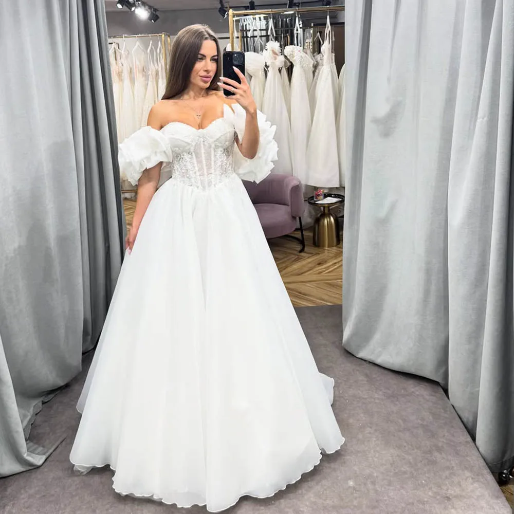 

Charming Off The Shoulder Puff Sleeves Sweethart Lace Applique Bridal Grown Wedding Dresses Custom Made 2026 Vestido De Noival