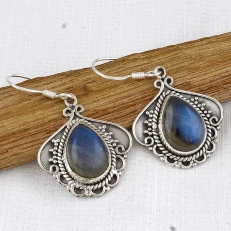 Gorgeous Silver Plated Water Drop Earrings Inlaid Natural Stone Pendant Earrings For Women Vintage Jewelry Bohemian Style