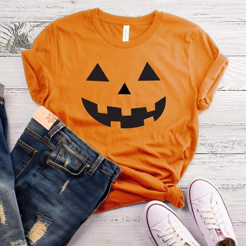 Funny Pumpkin Face Printed Women Tshirts Halloween Party Clothes O Neck Streetwear Black Orange Wicca Gift T-shirts Dropshipping