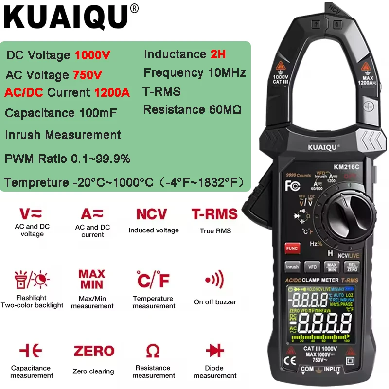 Medidor LCR Indutância Capacitor Tester 200μH ~ 200H 200pF ~ 2000μF Multímetro Digital Profissional Medidor de Alicate AC/DC 1000V 1200A