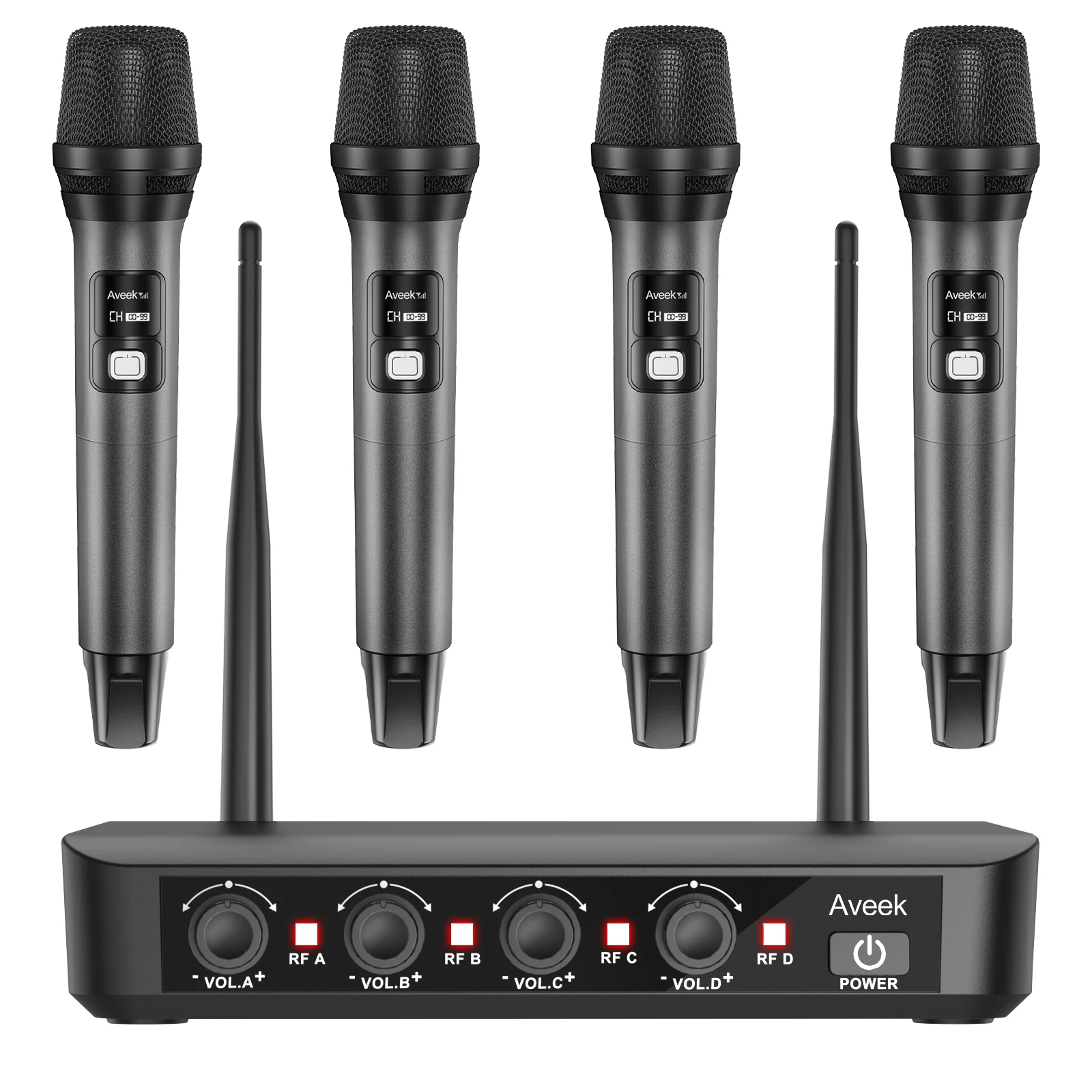 

4 wireless handheld microphones, with a UHF frequency range of 265 feet, 40 hours of battery life, and stable signal transmissio