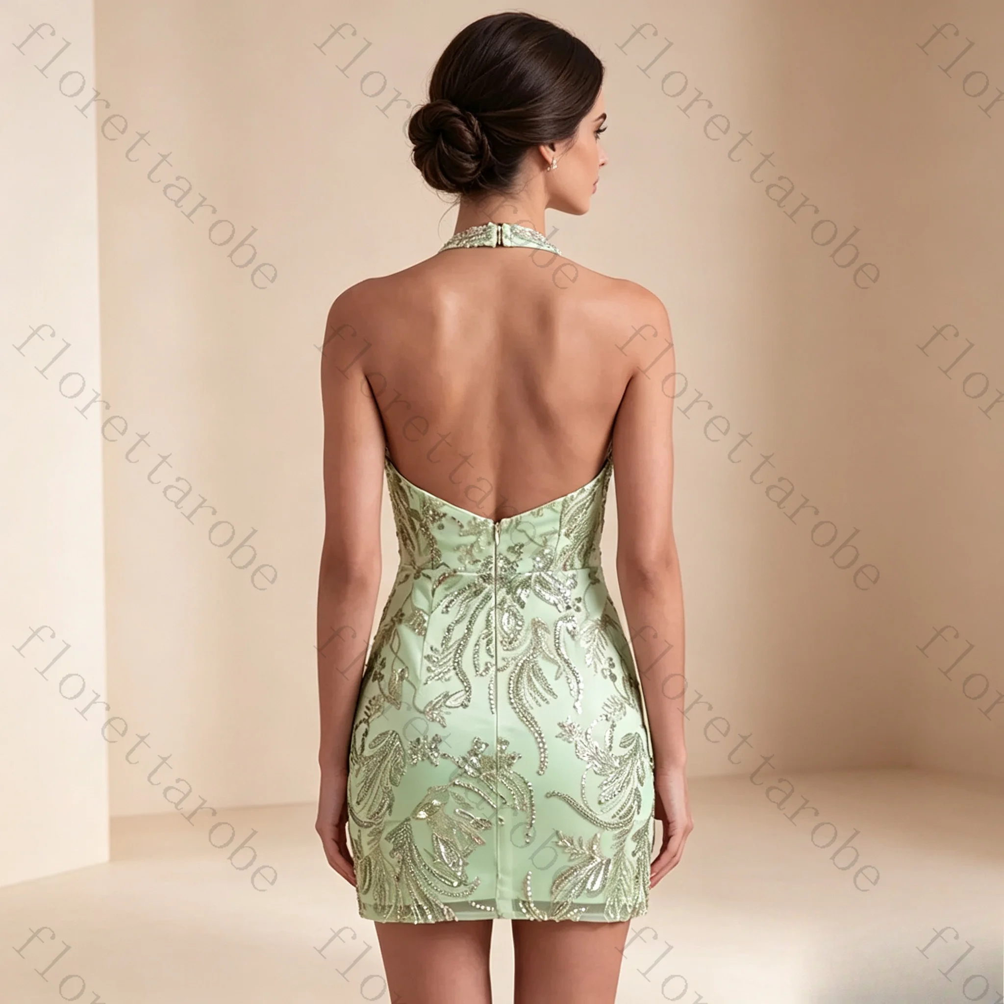 Customized Light Green Sparkly Sequins Floral Halter Keyhole Mini Homecoming Dress Backless Bodycon Cocktail Party Prom Gown